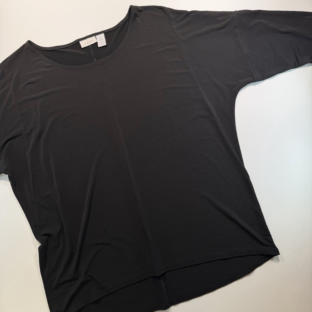 Chicos Black 3/4 Sleeve Top Size L 12 Stretch‎ Tunic Classic Comfy Easy Wear